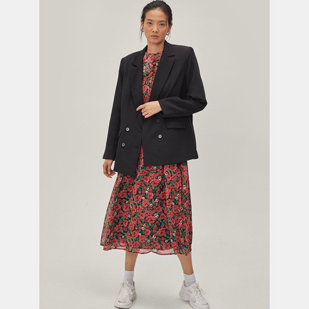 NWT Nasty Gal Out of Hours Oversized Double Breasted Blazer Black